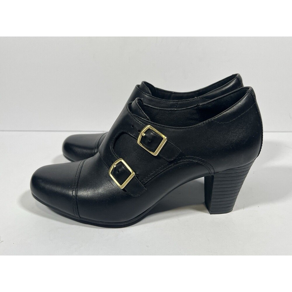 Clarks Sapphire Black Leather Double Monk Heels Ankle 62597 Woman 7.5